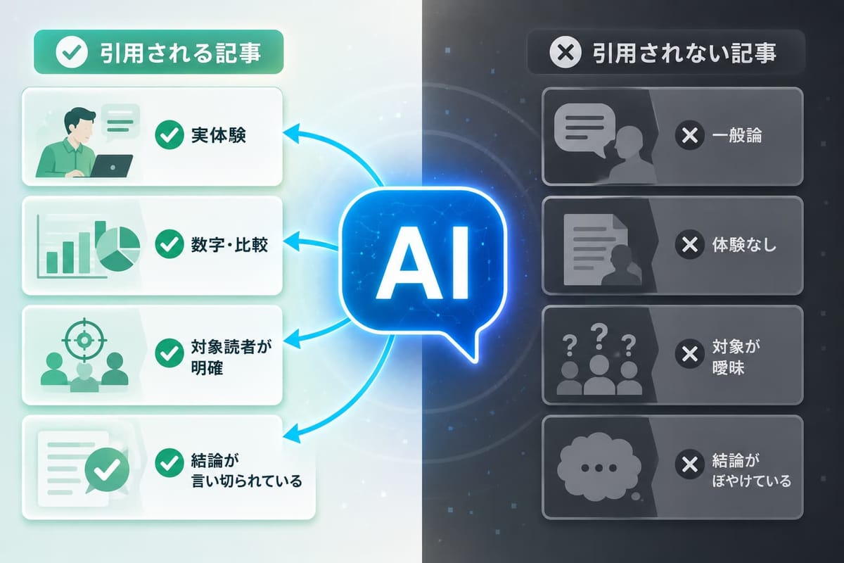 引用される記事（実体験・数字と比較・対象読者が明確・結論が言い切られている）と、引用されない記事（一般論・体験なし・対象が曖昧・結論がぼやけている）の対比図